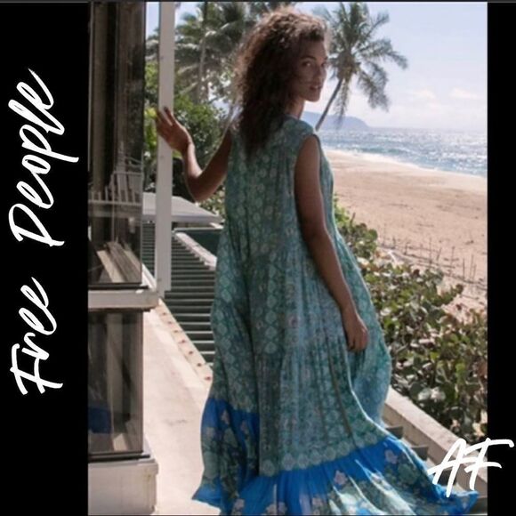 FREE PEOPLE HANALEI BAY MAXI DRESS BLUE GREEN NEW - Picture 4 of 6